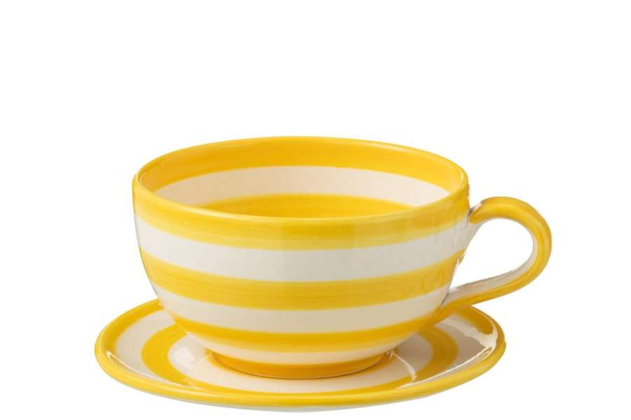 CUP+PLATE GRANADA STRIPES CERAMIC WHITE/YELLOW