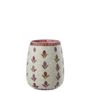 CANDLE HOLDER GLASS OFF-WHITE/FUCHSIA LARGE