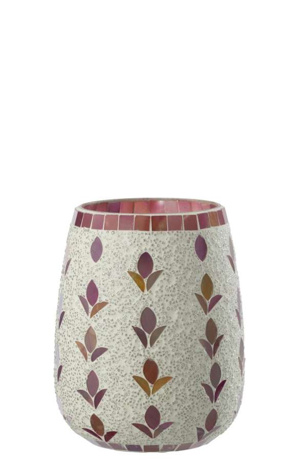 CANDLE HOLDER GLASS OFF-WHITE/FUCHSIA LARGE