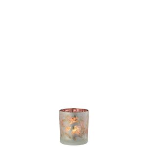 TEALICHT HOLDER FLOWERS GLASS MAT WHITE/RED/GOLD SMALL