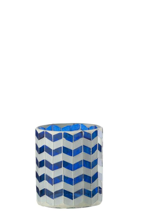 CANDLE HOLDER GLASS BLUE/WHITE MEDIUM
