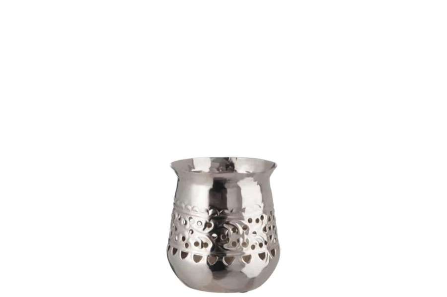 TEA-LIGHT HOLDER ORIENTAL ROUND IRON SHINY SILVER SMALL