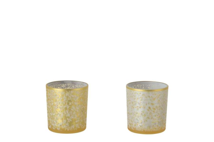 TEALIGHT HOLDER LEAFS GLASS GOLD COLORED/WHITE SMALL ASSORTMENT OF 2