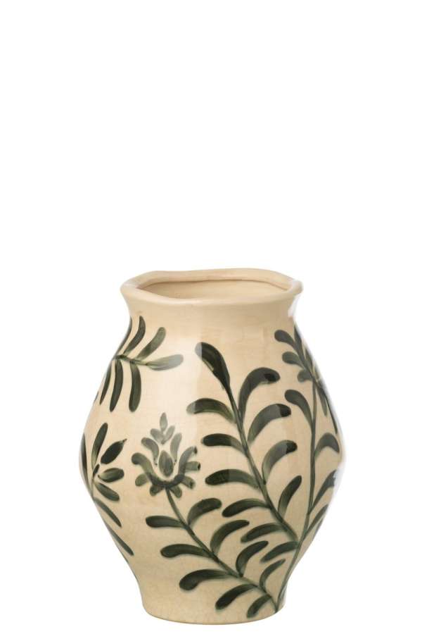 VASE LEAF STONEWARE DARK GREEN/OFF-WHITE SMALL