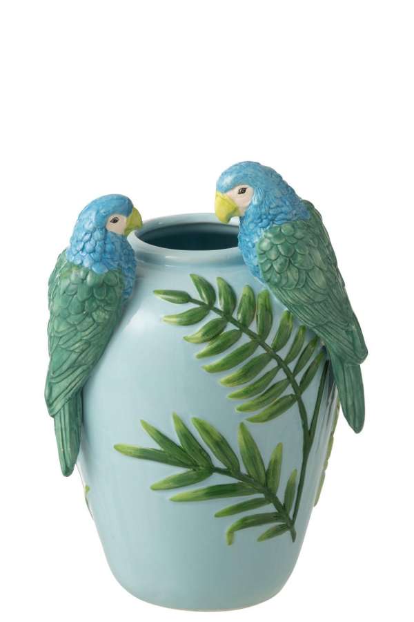 VASE PARROTS CERAMIC GREEN/BLUE MEDIUM