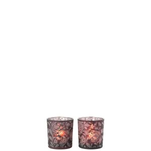 TEALICHT HOLDER FLOWERS GLASS MAT PURPLE MIX/SILVER SMALL ASSORTMENT OF 2
