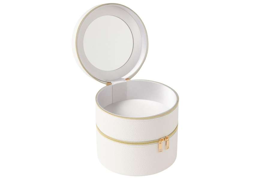 COSMETIC BOX ROUND+MIRROR ARTIFICIAL LEATHER WHITE