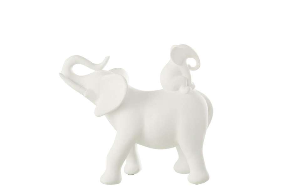 ELEPHANT CARRYING BABY POLYRESIN WHITE
