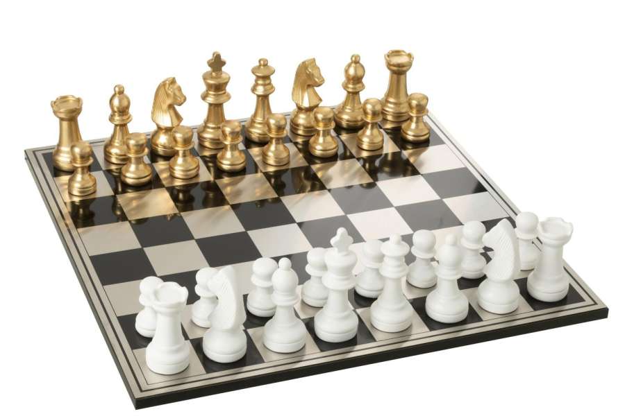 CHESS SET BOARD POLYRESIN GOLD COLORED/WHITE