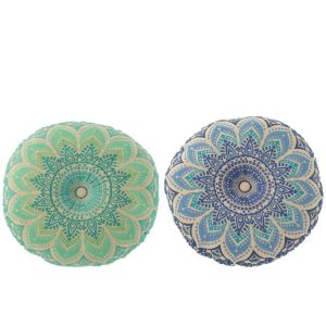 FLOOR CUSHION ROUND FLOWER COTTON TURQUOISE/BLUE ASSORTMENT OF 2