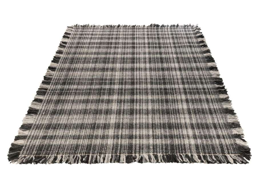 RUG RECTANGLE CHECKERED+FRINGES WOOL GREY/BLACK