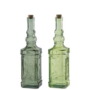 SET OF 2 BOTTLE  RECTANGLE GLASS OLIVE/LIGHT GREEN