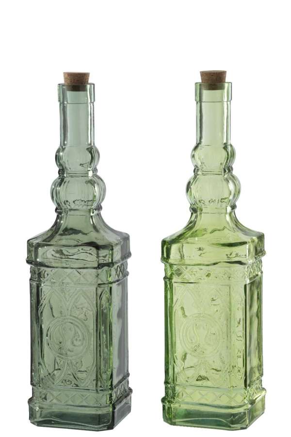 SET OF 2 BOTTLE  RECTANGLE GLASS OLIVE/LIGHT GREEN