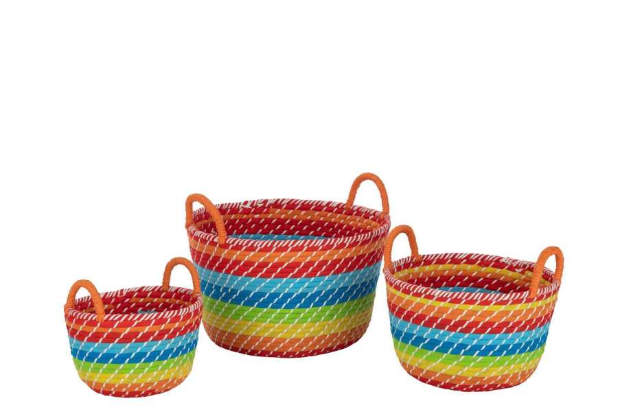 SET OF 3 BASKET RAINBOW STRIPES+HANDLES SEAGRASS MIX