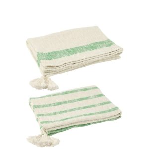 PLAID STRIPES+TASSELS COTTON WHITE/GREEN ASSORTMENT OF 2