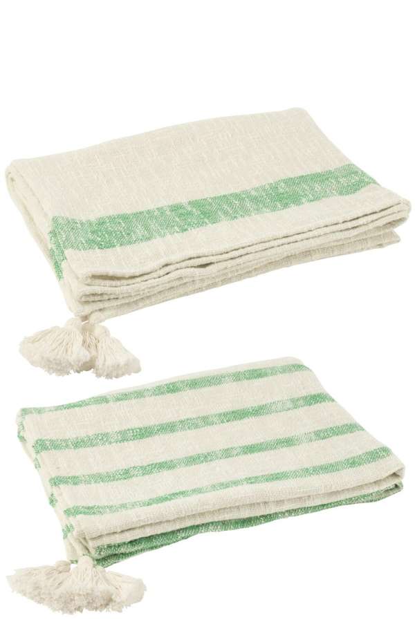 PLAID STRIPES+TASSELS COTTON WHITE/GREEN ASSORTMENT OF 2