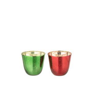 TEALIGHT HOLDER GLASS RED/GREEN ASSORTMENT OF 2