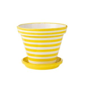 FLOWERPOT+PLATE GRANADA STRIPES HANDMADE/HANDPAINTED CERAMIC YELLOW/WHITE EXTRA LARGE
