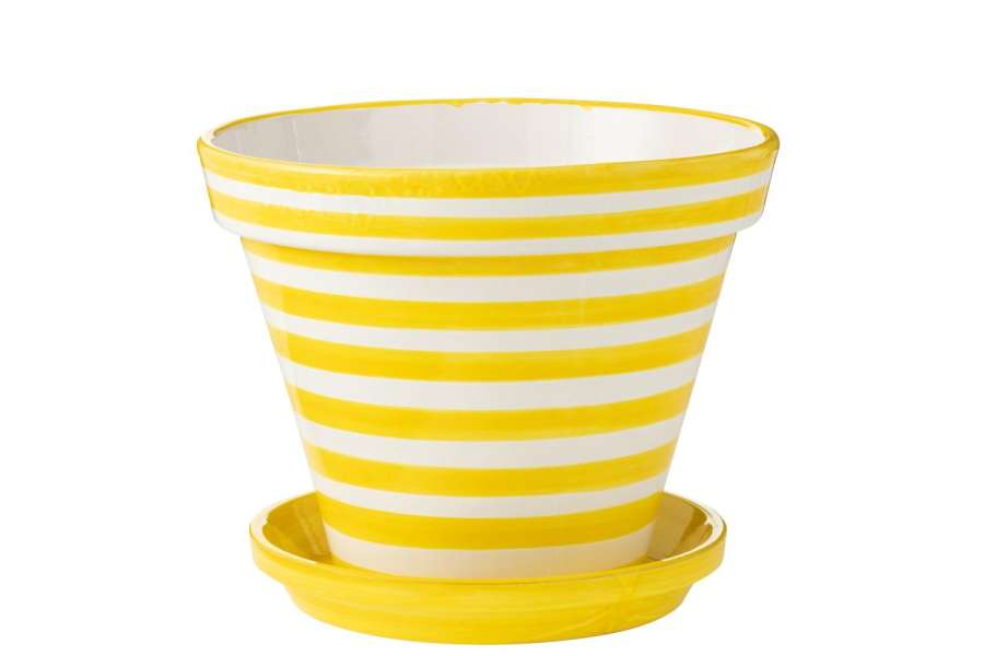 FLOWERPOT+PLATE GRANADA STRIPES HANDMADE/HANDPAINTED CERAMIC YELLOW/WHITE EXTRA LARGE