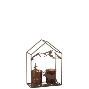 TEALIGHT HOLDER HOUSE 2 GLASSES IRON RUST BROWN/BROWN