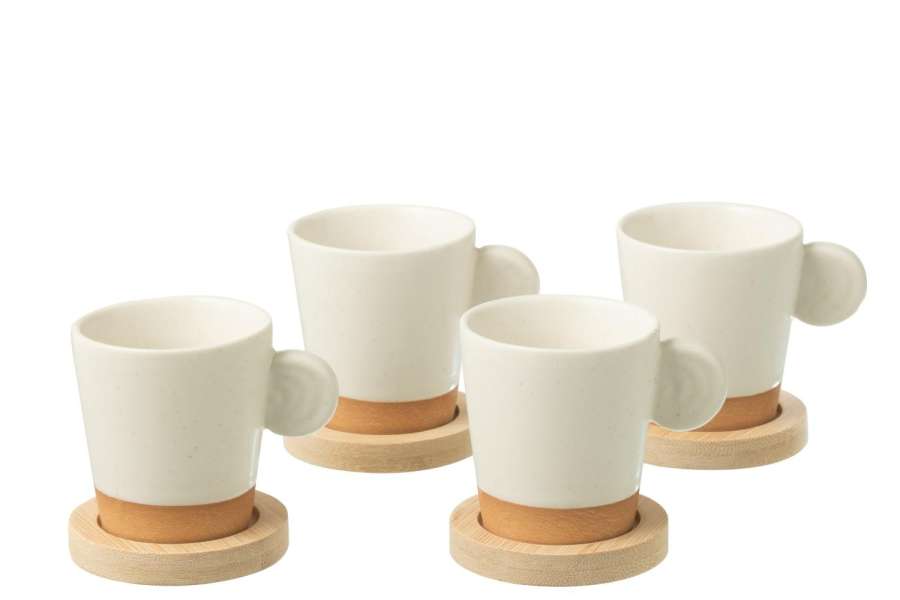 BOX OF 4 COFFEE CUPS EAR+BAMBOO BASE CERAMICS WHITE/NATURAL