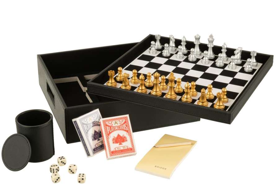BOX CARD GAME/CHESS GAME FAKE LEATHER BLACK