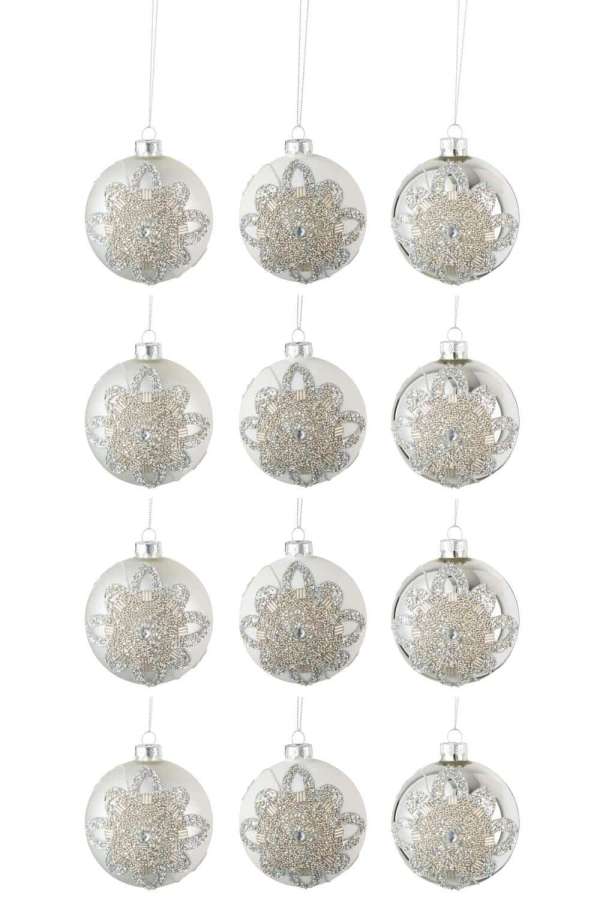 BOX OF 12 CHRISTMAS BAUBLES 4+4+4 ORNAMENT PEARLS GLASS MATTE WHITE/MATTE SILVER/SHINING SILVER SMAL