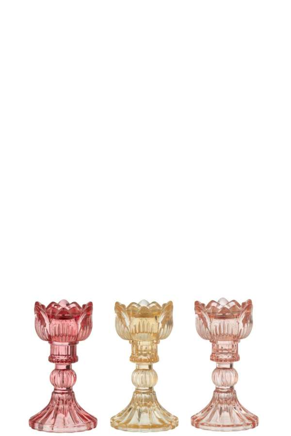 CANDLE HOLDER ROSE WARM GLASS MIX ASSORTMENT OF 3