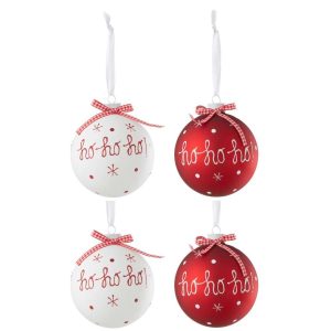 BOX OF 4 CHRISTMAS BAUBLE 2+2 HOHO+SNOWFLAKES+BOW RED/WHITE LARGE