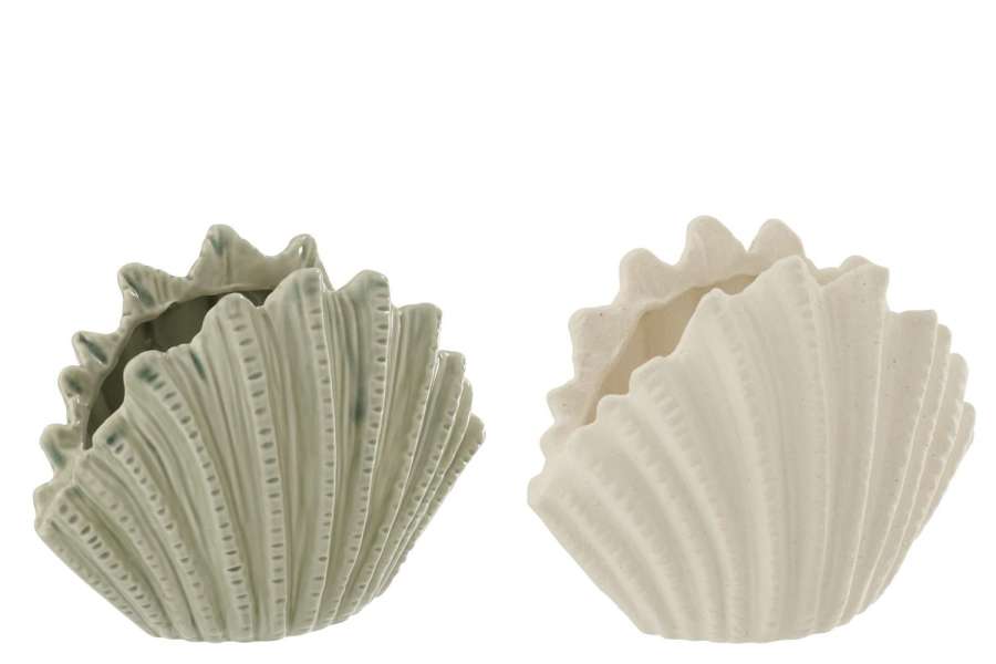 VASE SHELL STONEWARE WHITE/OLIVE LARGE ASSORTMENT OF 2