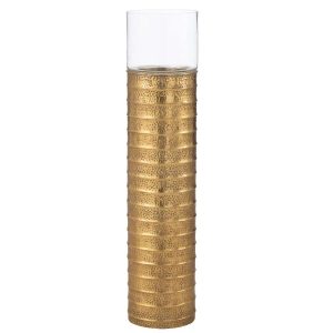 CANDLE HOLDER PILLAR METAL/GLASS GOLD LARGE