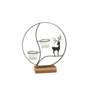 TEALIGHT HOLDER REINDEER ROUND WOOD BLACK/NATURAL