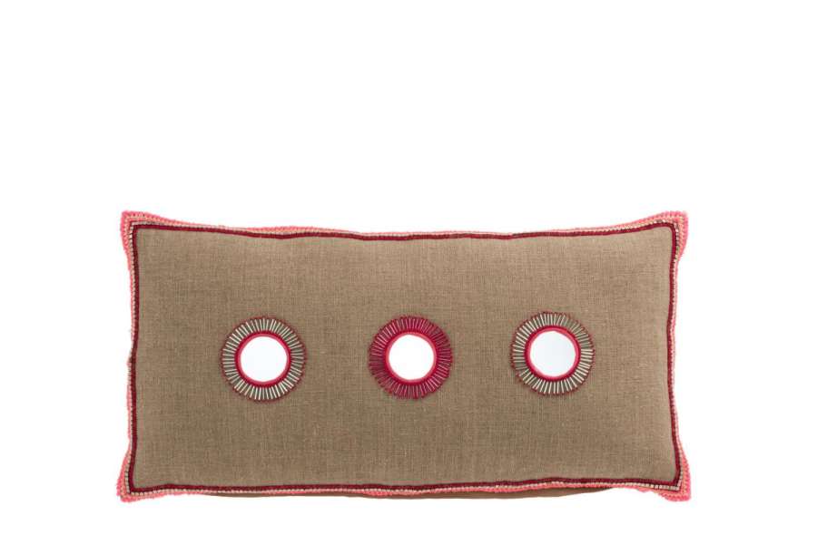 CUSHION RECTANGULAR 3 MIRROR SUNS JUTE NATURAL/PINK