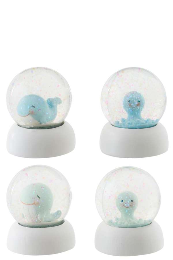 WATER GLOBE WHALE  +  OCTOPUS POLYRESIN LIGHT BLUE/LIGHT GREEN SMALL ASSORTMENT OF 4