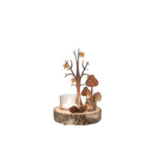 TEALIGHT HOLDER SQUIRREL/TREE WOOD/METAL NATURAL/ORANGE