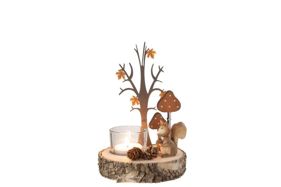 TEALIGHT HOLDER SQUIRREL/TREE WOOD/METAL NATURAL/ORANGE