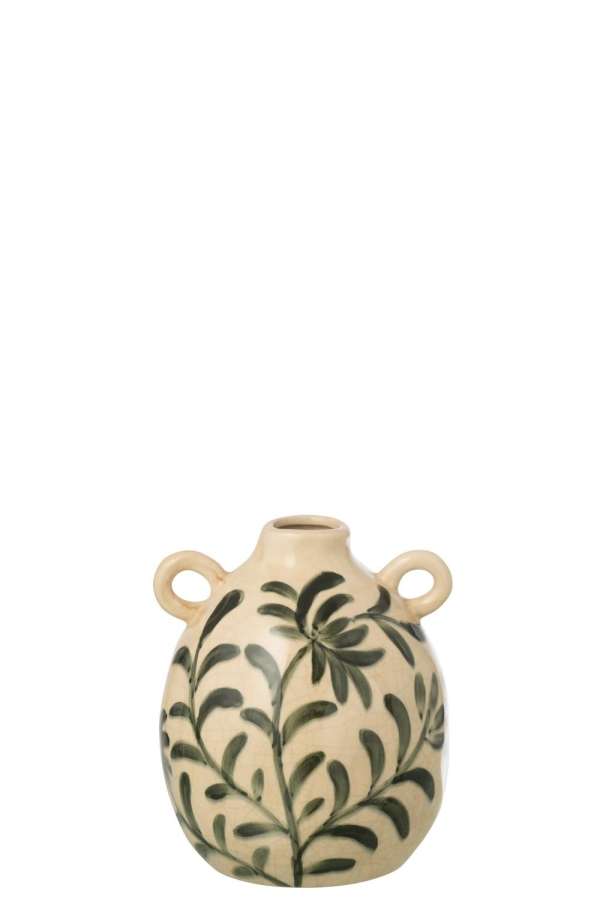 VASE LEAF STONEWARE DARK GREEN/OFF-WHITE SMALL