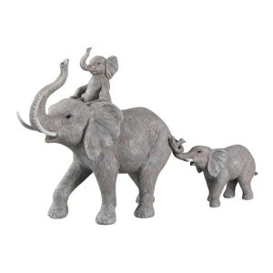ELEPHANT STANDING WITH CHILD ON BACK POLYRESIN GREY