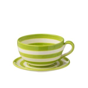 CUP+PLATE GRANADA STRIPES CERAMIC WHITE/GREEN