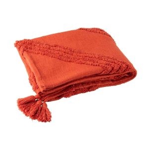 PLAID TUFTED PATTERN+TASSELS COTTON BRICK RED