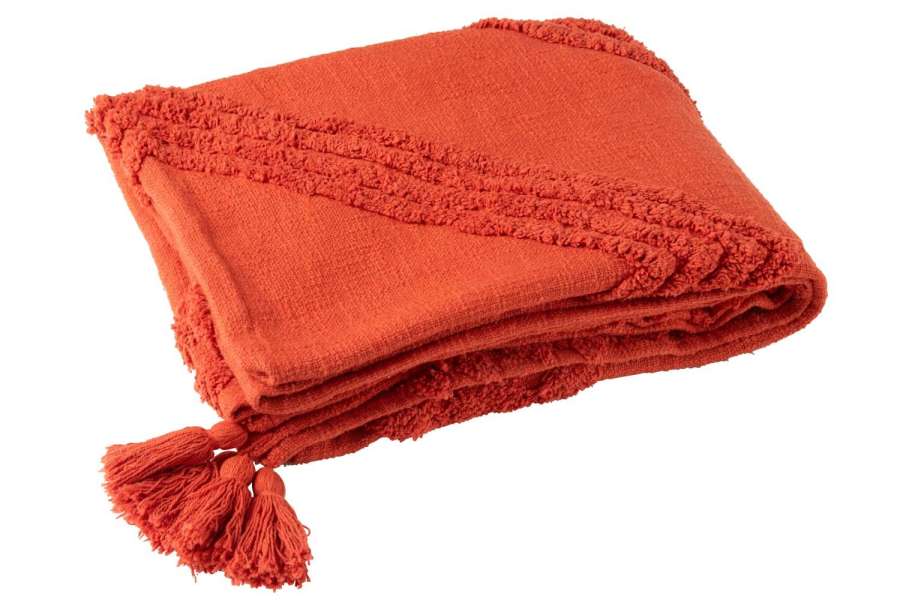 PLAID TUFTED PATTERN+TASSELS COTTON BRICK RED