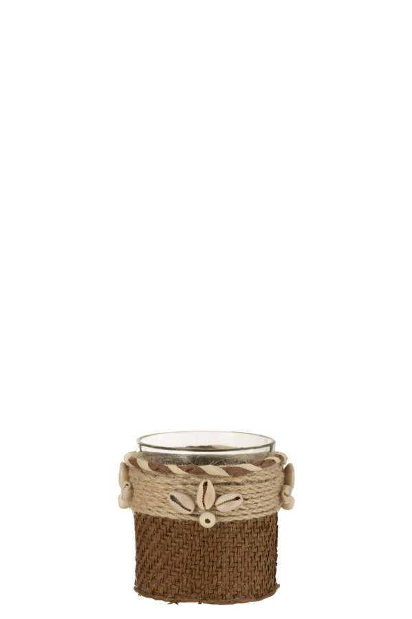 TEALIGHT HOLDER WITH SHELLS GLASS BROWN