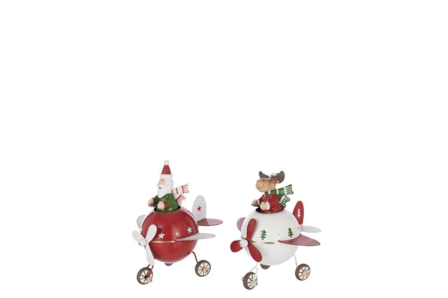 REINDEER + SANTA CLAUS IN PLANE METAL CHRISTMAS RED/WHITE SMALL ASSORTMENT OF 2