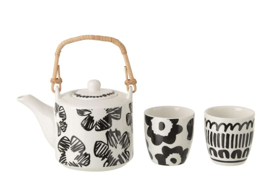 TEAPOT + CUPS CERAMIC WHITE/BLACK