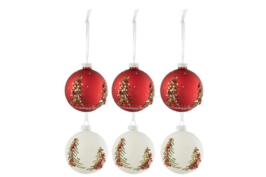 BOX OF 6 CHRISTMAS BAUBLES CHRISTMAS TREES GLITTERS GLASS WHITE/RED SMALL
