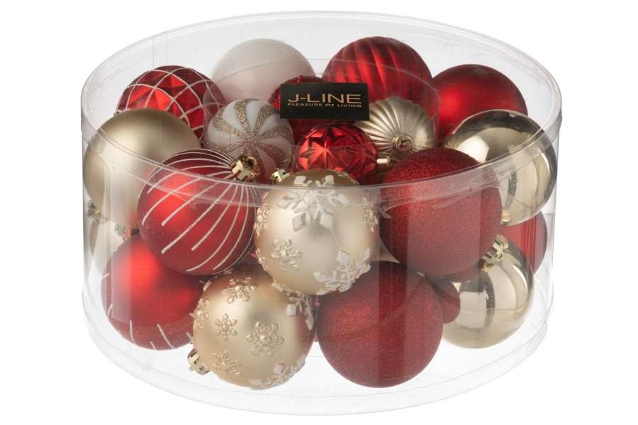 BOX OF 30 CHRISTMAS BAUBLE PLASTIC CHRISTMAS RED/GOLD COLORED