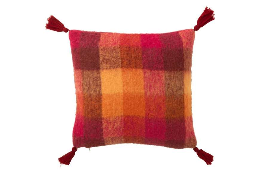 CUSHION CHECKERED+TASSELS ACRYLIC ORANGE/BURGUNDY