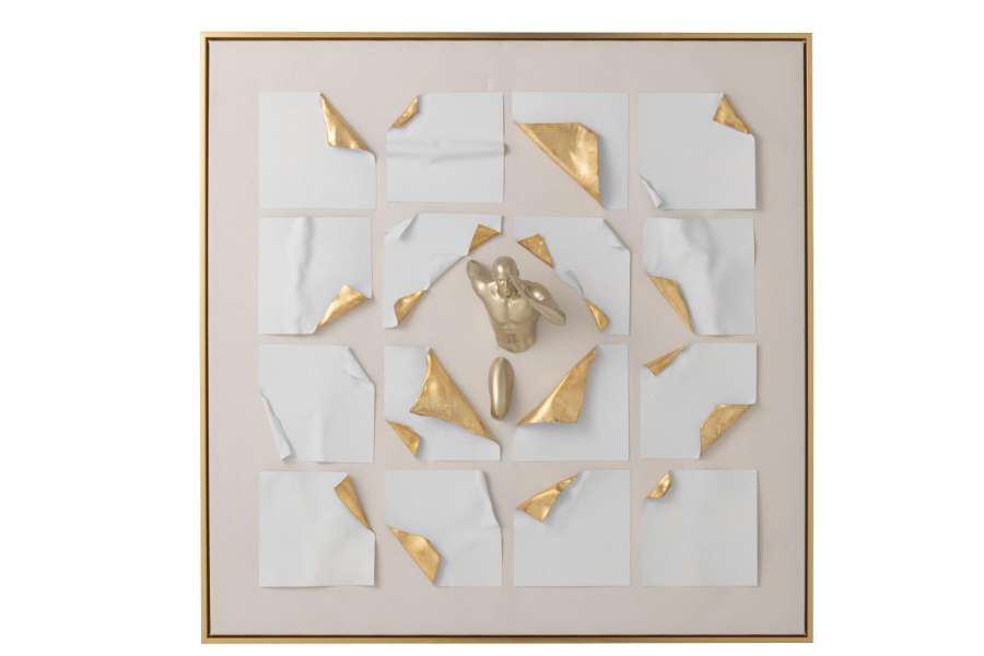 PAINTING MEN RUNNING SQUARE ACRYLIC WHITE/GOLD COLORED