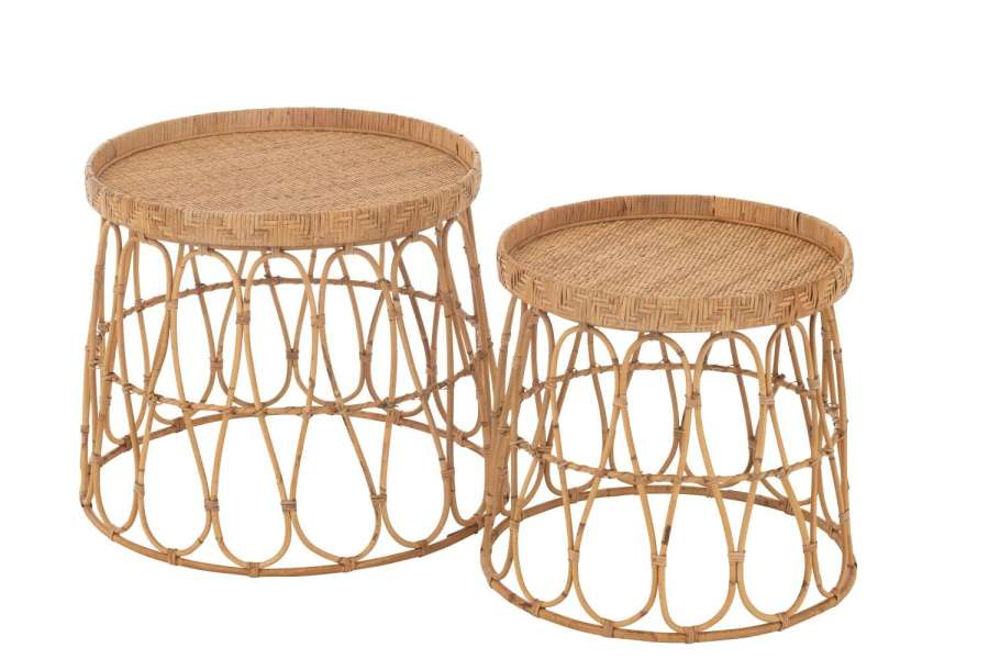 SET OF 2 TABLES ROUND RATTAN/PLYWOOD NATURAL