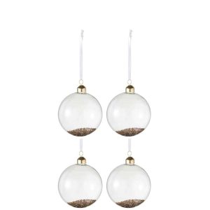 BOX OF 4 CHRISTMAS BAUBLES DECO GLASS CLEAR/GOLD MEDIUM